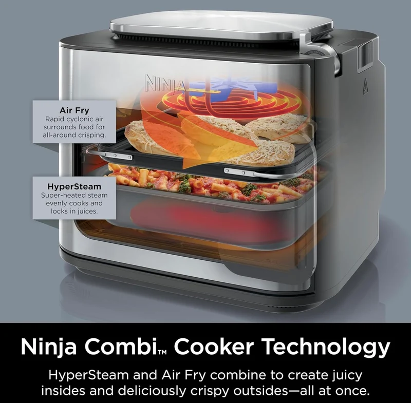 Ninja Combi All-in-One Multicooker, Oven, & Air Fryer, Complete Meals in 15 Mins, 14-in-1 Functions, Combi Cooker + Air Fry, Bake, Roast, Slow Cook and More, 3 Accessories, Stainless Steel, SFP701