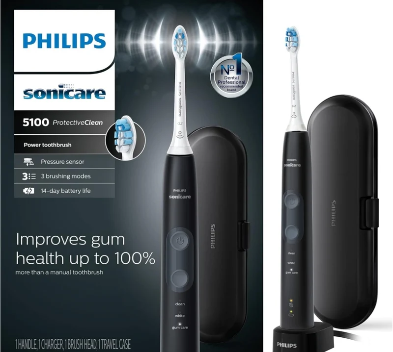 Philips Sonicare ProtectiveClean 5100 Electric Rechargeable Toothbrush with Genuine Philips Sonicare Optimal Gum Health Replacement Toothbrush Heads, Black 3-pk
