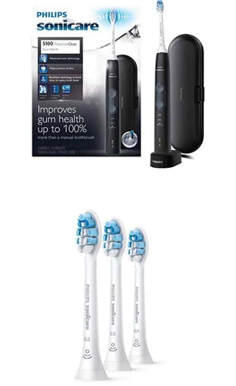 Philips Sonicare ProtectiveClean 5100 Electric Rechargeable Toothbrush with Genuine Philips Sonicare Optimal Gum Health Replacement Toothbrush Heads, Black 3-pk
