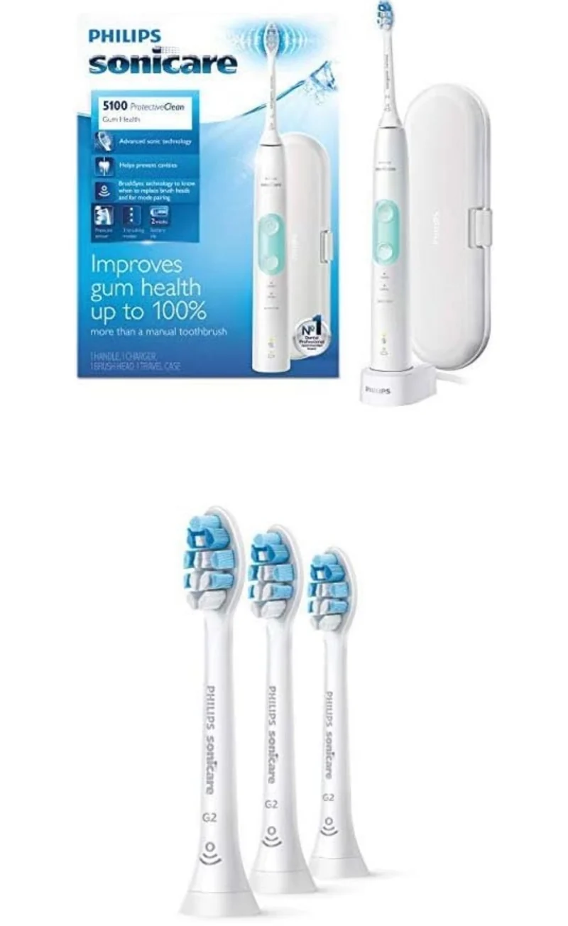 Philips Sonicare ProtectiveClean 5100 Electric Rechargeable Toothbrush with Genuine Philips Sonicare Optimal Gum Health Replacement Toothbrush Heads,White 3-pk