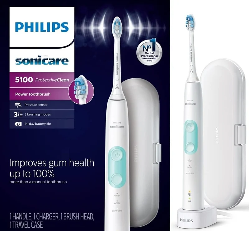 Philips Sonicare ProtectiveClean 5100 Electric Rechargeable Toothbrush with Genuine Philips Sonicare Optimal Gum Health Replacement Toothbrush Heads,White 3-pk