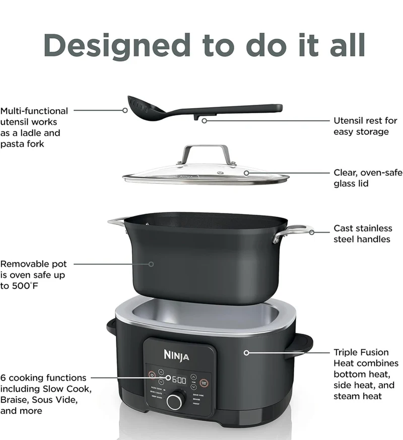 Ninja MC1010 Foodi PossibleCooker PLUS - Sous Vide & Proof 6-in-1 Multi-Cooker, with 8.5 Quarts, Slow Cooker, Dutch Oven & More, Glass Lid & Integrated Spoon, Nonstick, Oven Safe Pot to 500°F, Black