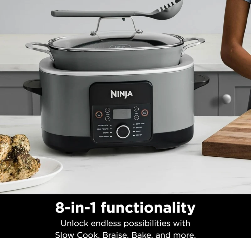Ninja MC1001 Foodi PossibleCooker PRO 8.5 Quart Multi-Cooker, with 8-in-1 Slow Cooker, Dutch Oven, Steamer, Glass Lid Integrated Spoon, Nonstick, Oven Safe Pot to 500°F, Sea Salt Gray