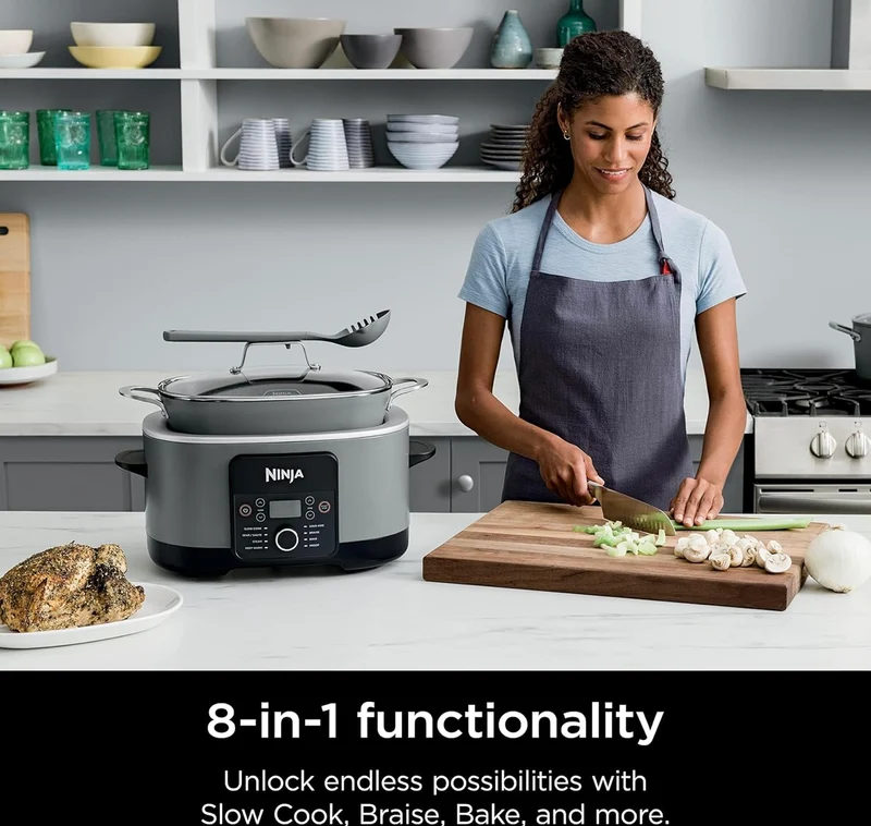 Ninja MC1001 Foodi PossibleCooker PRO 8.5 Quart Multi-Cooker, with 8-in-1 Slow Cooker, Dutch Oven, Steamer, Glass Lid Integrated Spoon, Nonstick, Oven Safe Pot to 500°F, Sea Salt Gray