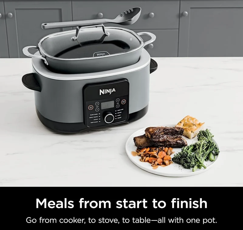 Ninja MC1001 Foodi PossibleCooker PRO 8.5 Quart Multi-Cooker, with 8-in-1 Slow Cooker, Dutch Oven, Steamer, Glass Lid Integrated Spoon, Nonstick, Oven Safe Pot to 500°F, Sea Salt Gray