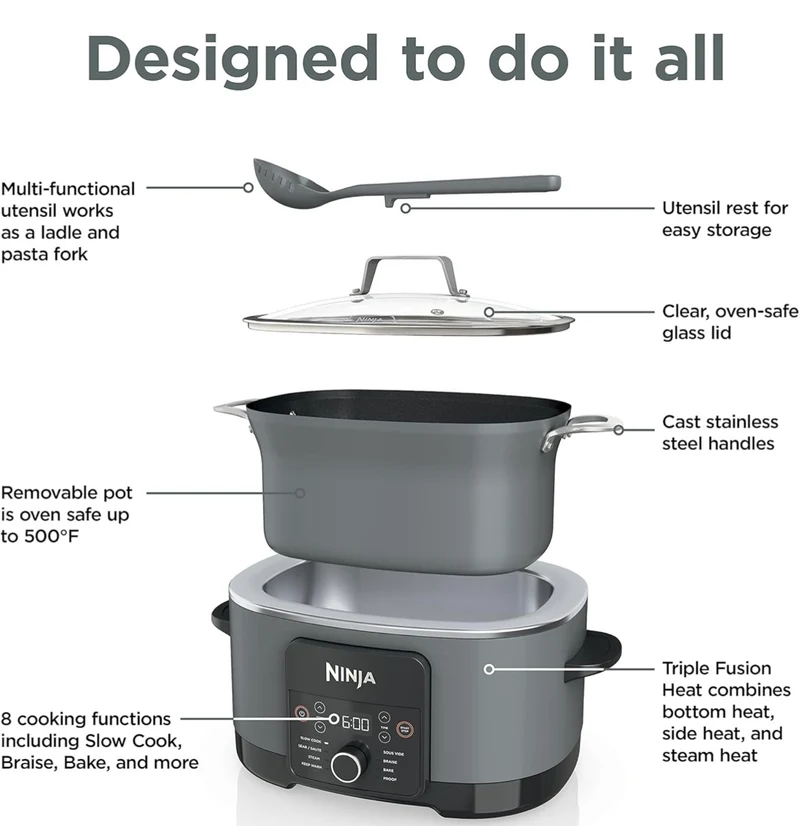 Ninja MC1001 Foodi PossibleCooker PRO 8.5 Quart Multi-Cooker, with 8-in-1 Slow Cooker, Dutch Oven, Steamer, Glass Lid Integrated Spoon, Nonstick, Oven Safe Pot to 500°F, Sea Salt Gray