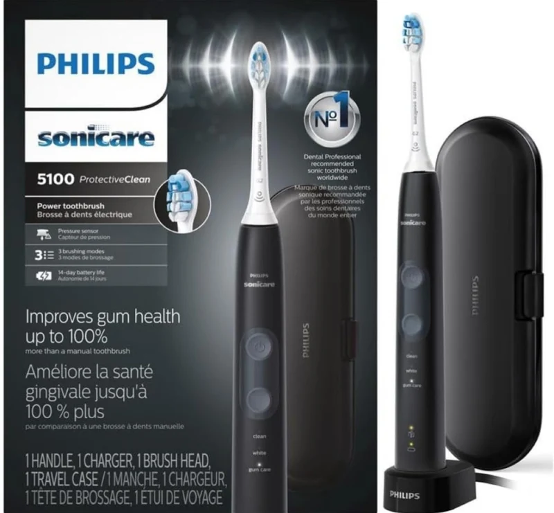Philips Sonicare ProtectiveClean 5100 Rechargeable Electric Toothbrush, with Pressure Sensor, 3 Cleaning Modes, SmarTimer and QuadPacer- Travel Case, Black (Model HX6850/60)