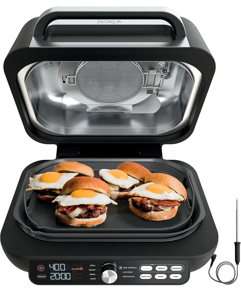 Ninja IG651 Foodi Smart XL Pro 7-in-1 Indoor Grill/Griddle Combo, use Opened or Closed, Air Fry, Dehydrate & More, Pro Power Grate, Flat Top, Crisper, Smart Thermometer, Black