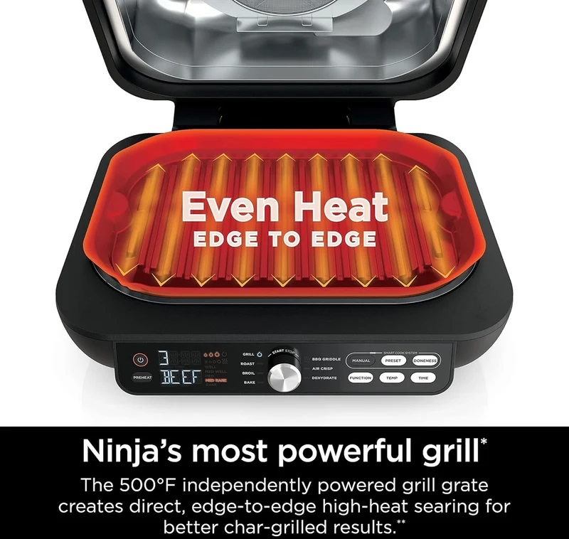 Ninja IG651 Foodi Smart XL Pro 7-in-1 Indoor Grill/Griddle Combo, use Opened or Closed, Air Fry, Dehydrate & More, Pro Power Grate, Flat Top, Crisper, Smart Thermometer, Black