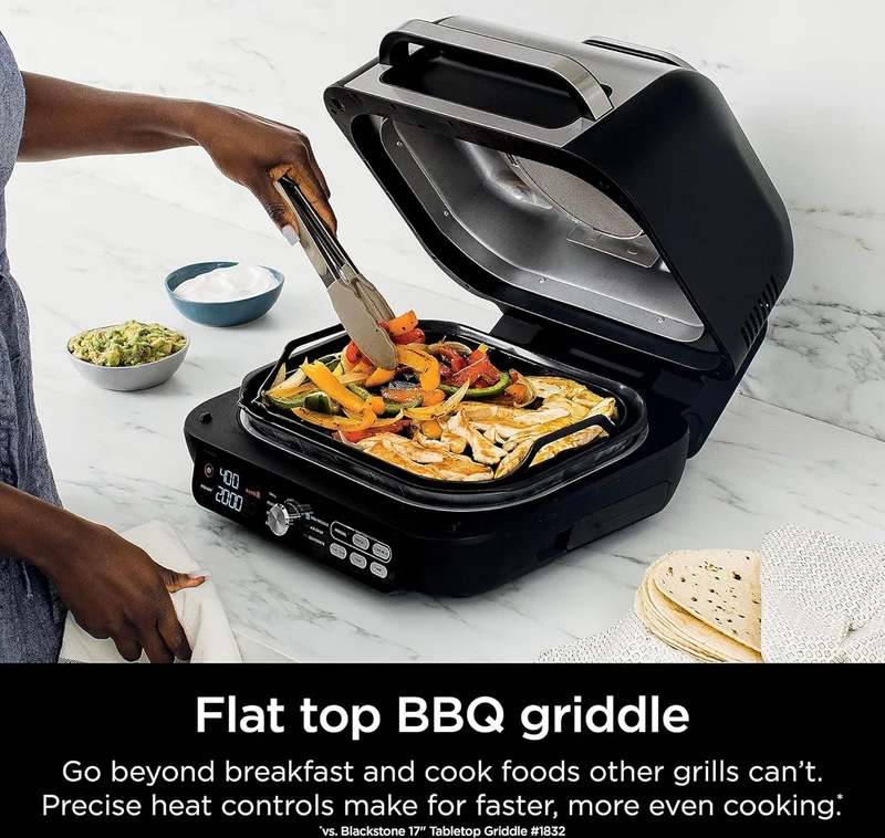 Ninja IG651 Foodi Smart XL Pro 7-in-1 Indoor Grill/Griddle Combo, use Opened or Closed, Air Fry, Dehydrate & More, Pro Power Grate, Flat Top, Crisper, Smart Thermometer, Black