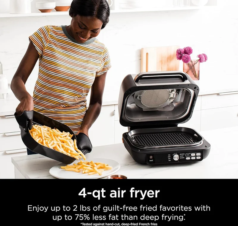 Ninja IG651 Foodi Smart XL Pro 7-in-1 Indoor Grill/Griddle Combo, use Opened or Closed, Air Fry, Dehydrate & More, Pro Power Grate, Flat Top, Crisper, Smart Thermometer, Black