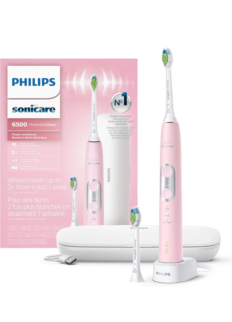 Philips Sonicare ProtectiveClean 6500 Rechargeable Electric Toothbrush, with Pressure Sensor, 3 Cleaning Modes, SmarTimer and QuadPacer, 14-Day Battery Life, Charging Travel Case, Pink, HX6462/06