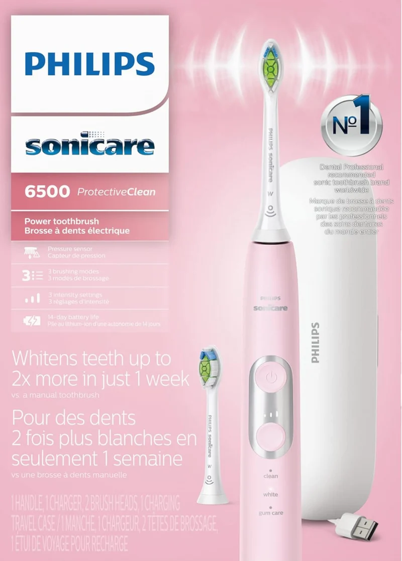 Philips Sonicare ProtectiveClean 6500 Rechargeable Electric Toothbrush, with Pressure Sensor, 3 Cleaning Modes, SmarTimer and QuadPacer, 14-Day Battery Life, Charging Travel Case, Pink, HX6462/06