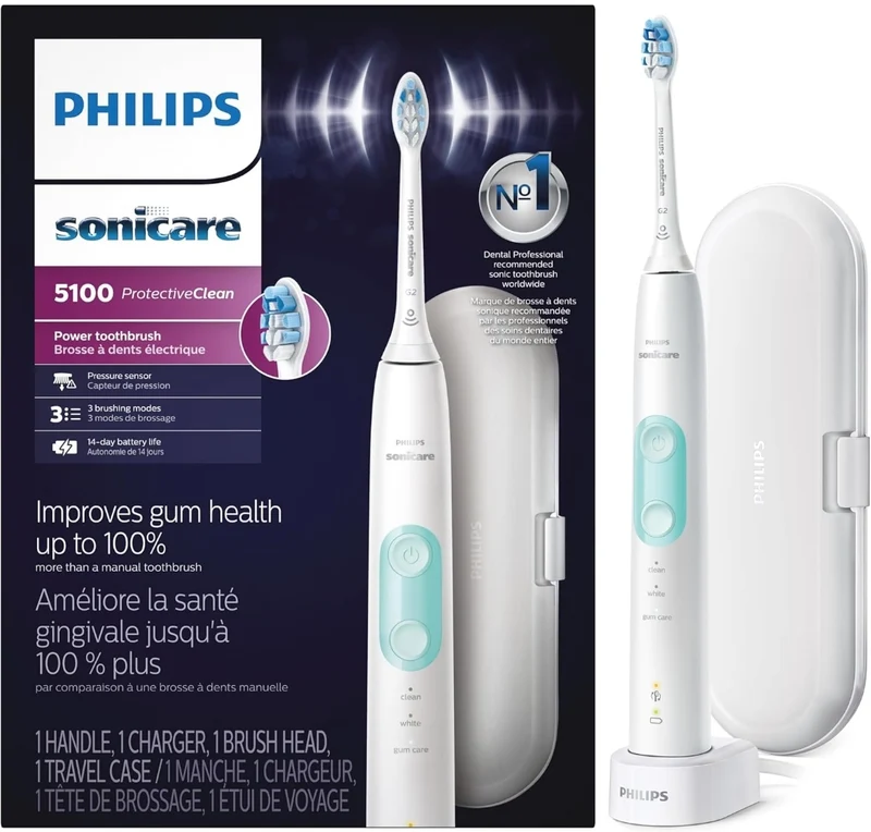 Philips Sonicare ProtectiveClean 5100 Rechargeable Electric Toothbrush, with Pressure Sensor, 3 Cleaning Modes, SmarTimer and QuadPacer Travel Case - White, Model HX6857/11