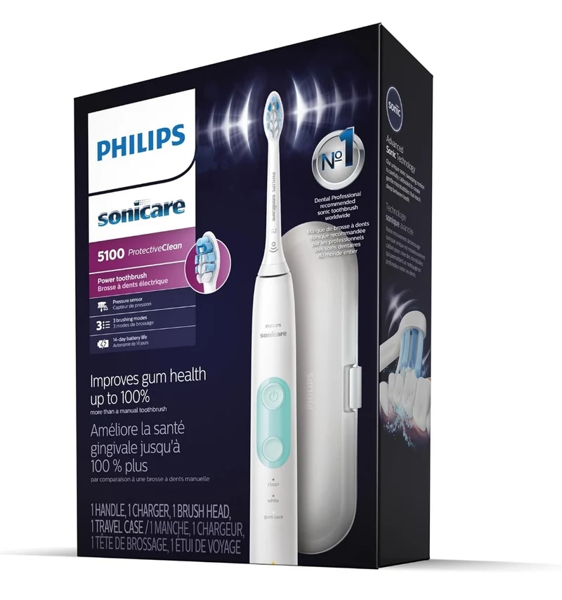 Philips Sonicare ProtectiveClean 5100 Rechargeable Electric Toothbrush, with Pressure Sensor, 3 Cleaning Modes, SmarTimer and QuadPacer Travel Case - White, Model HX6857/11