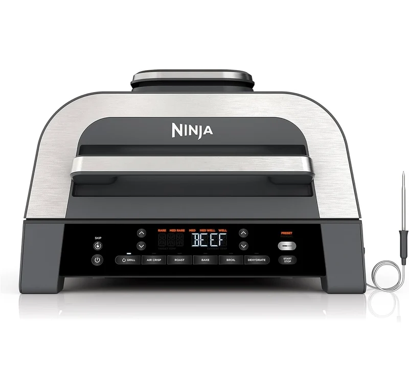 Ninja DG551 Foodi Smart XL 6-in-1 Indoor Grill with Air Fry, Roast, Bake, Broil, & Dehydrate, Foodi Smart Thermometer, 2nd Generation, Black/Silver