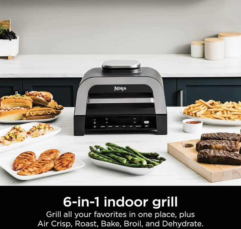 Ninja DG551 Foodi Smart XL 6-in-1 Indoor Grill with Air Fry, Roast, Bake, Broil, & Dehydrate, Foodi Smart Thermometer, 2nd Generation, Black/Silver