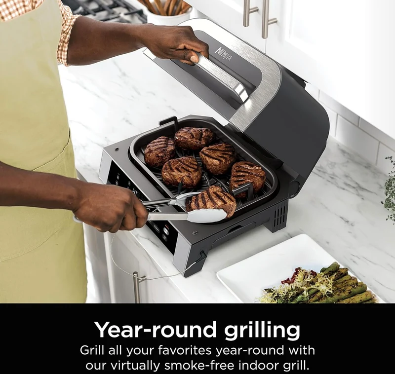 Ninja DG551 Foodi Smart XL 6-in-1 Indoor Grill with Air Fry, Roast, Bake, Broil, & Dehydrate, Foodi Smart Thermometer, 2nd Generation, Black/Silver