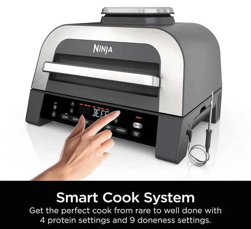 Ninja DG551 Foodi Smart XL 6-in-1 Indoor Grill with Air Fry, Roast, Bake, Broil, & Dehydrate, Foodi Smart Thermometer, 2nd Generation, Black/Silver