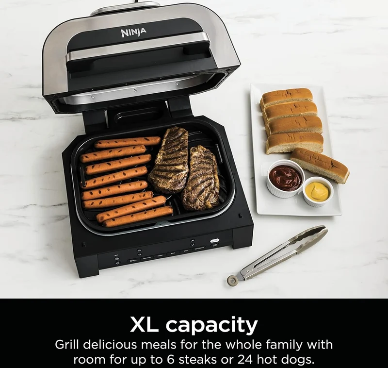 Ninja DG551 Foodi Smart XL 6-in-1 Indoor Grill with Air Fry, Roast, Bake, Broil, & Dehydrate, Foodi Smart Thermometer, 2nd Generation, Black/Silver