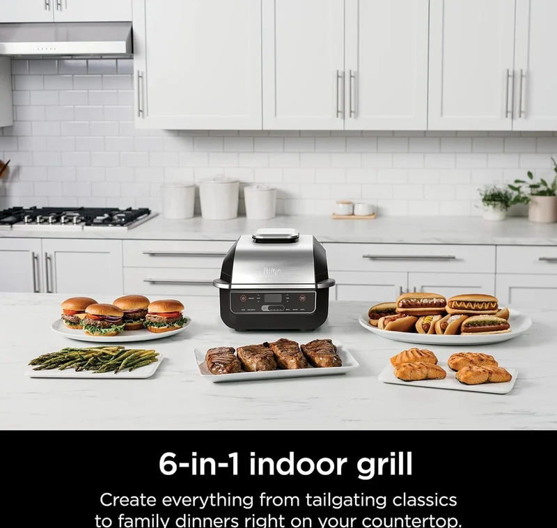 Ninja EG201 Foodi 6-in-1 Indoor Grill with Air Fry, Roast, Bake, Broil, & Dehydrate, 2nd Generation, Dishwasher Safe, Black/Silver