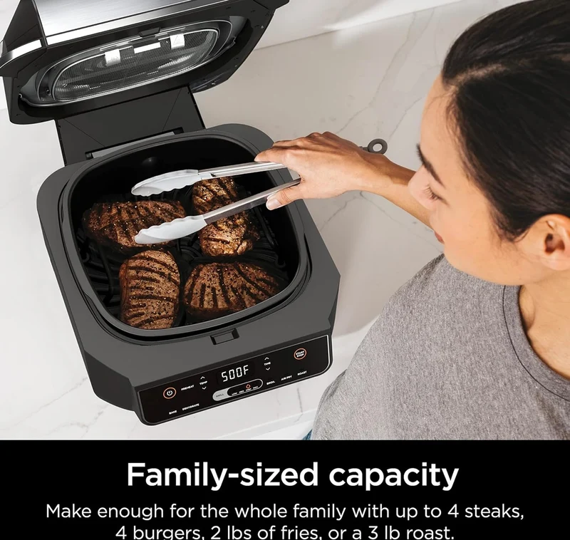 Ninja EG201 Foodi 6-in-1 Indoor Grill with Air Fry, Roast, Bake, Broil, & Dehydrate, 2nd Generation, Dishwasher Safe, Black/Silver