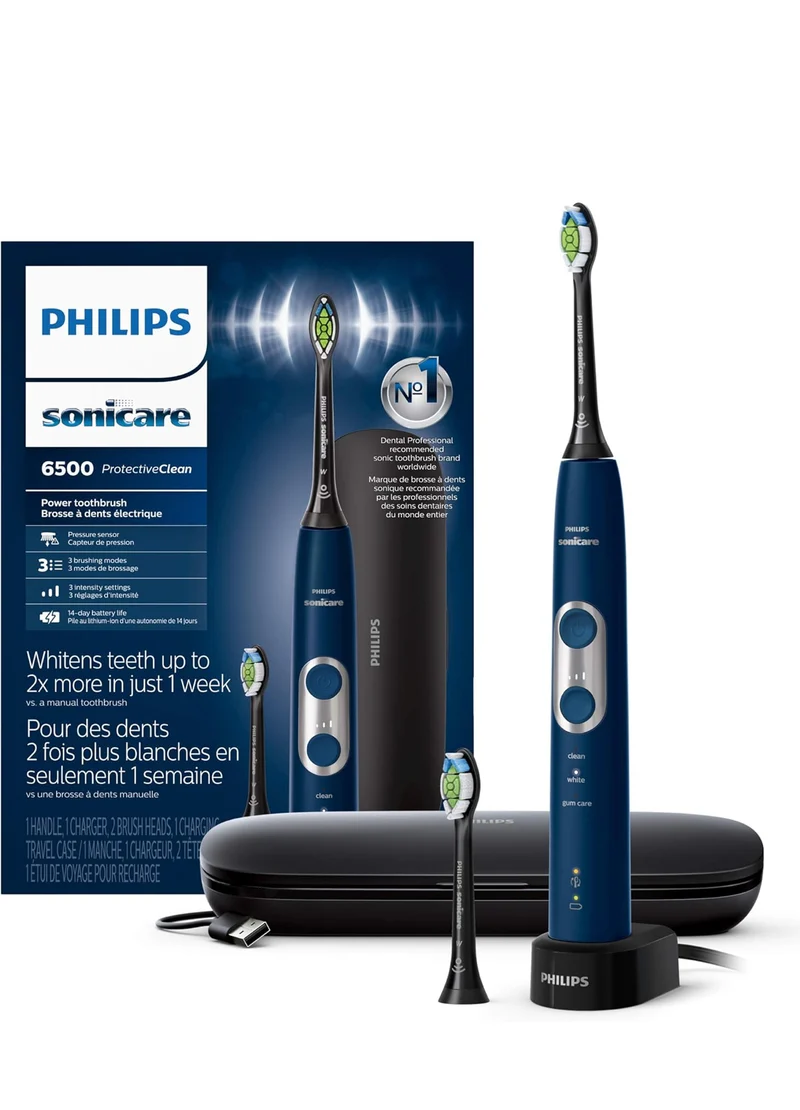 Philips Sonicare ProtectiveClean 6500 Rechargeable Electric Toothbrush, with Pressure Sensor, 3 Cleaning Modes, SmarTimer and QuadPacer Charging Travel Case - Navy Blue, HX6462/07