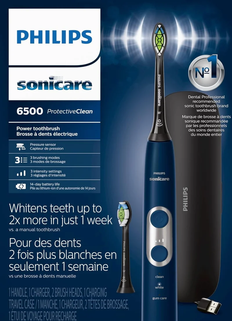 Philips Sonicare ProtectiveClean 6500 Rechargeable Electric Toothbrush, with Pressure Sensor, 3 Cleaning Modes, SmarTimer and QuadPacer Charging Travel Case - Navy Blue, HX6462/07
