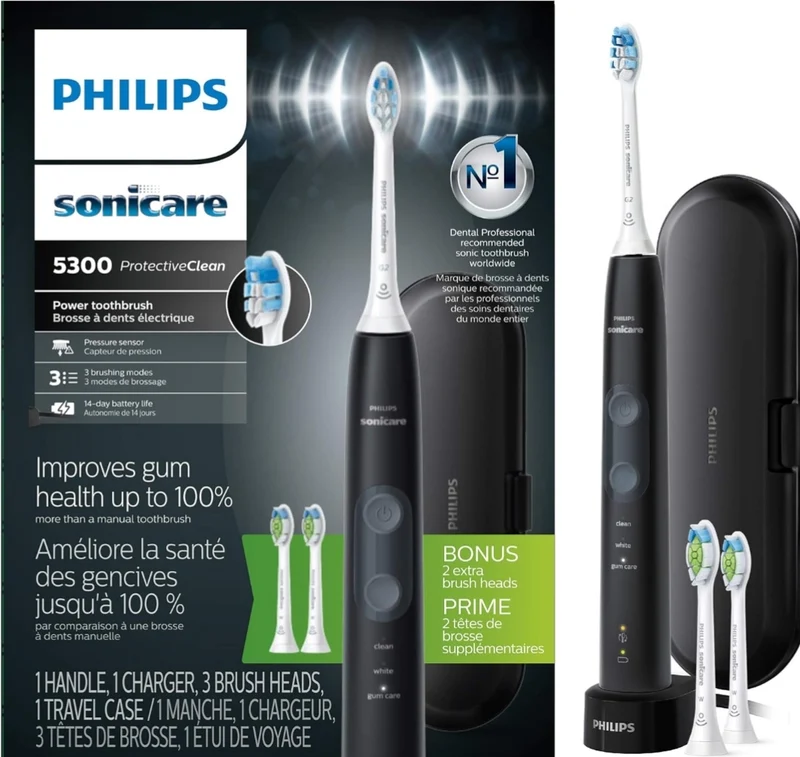Philips Sonicare ProtectiveClean 5300 Rechargeable Electric Toothbrush, with Pressure Sensor, 3 Cleaning Modes, SmarTimer and QuadPacer, with 2 Bonus Brush Heads, Travel Case, Black, Model HX6423/34