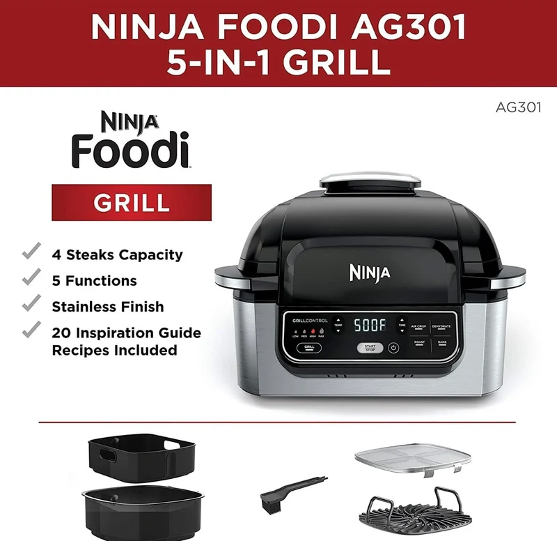 Ninja AG301 Foodi 5-in-1 Indoor Electric Grill with Air Fry, Roast, Bake & Dehydrate - Programmable - Black/Silver