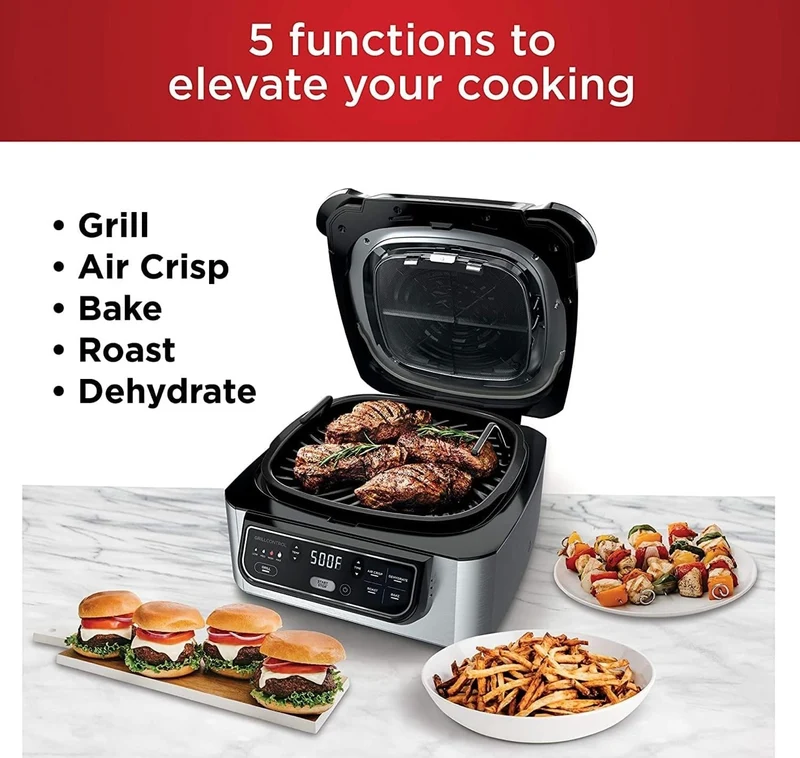 Ninja AG301 Foodi 5-in-1 Indoor Electric Grill with Air Fry, Roast, Bake & Dehydrate - Programmable - Black/Silver