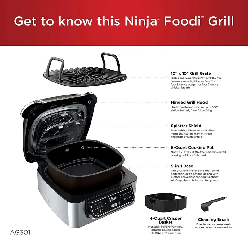Ninja AG301 Foodi 5-in-1 Indoor Electric Grill with Air Fry, Roast, Bake & Dehydrate - Programmable - Black/Silver