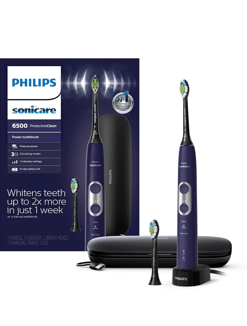 PHILIPS Sonicare Protective Clean 6500 Rechargeable Electric Toothbrush with Charging Travel Case and Extra Brush Head - Deep Purple