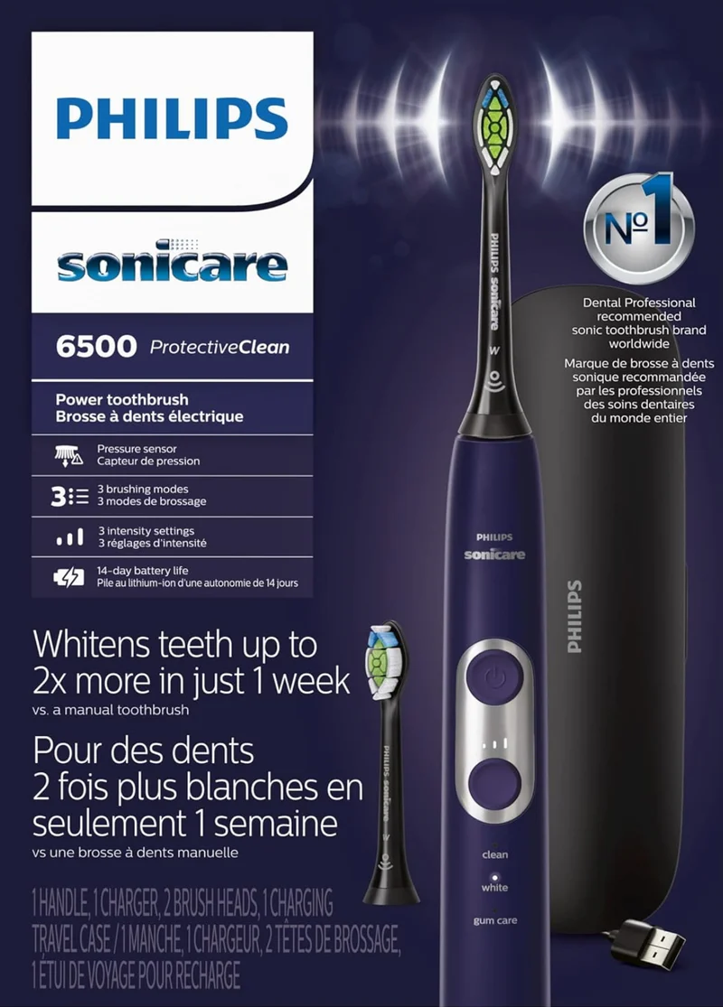 PHILIPS Sonicare Protective Clean 6500 Rechargeable Electric Toothbrush with Charging Travel Case and Extra Brush Head - Deep Purple