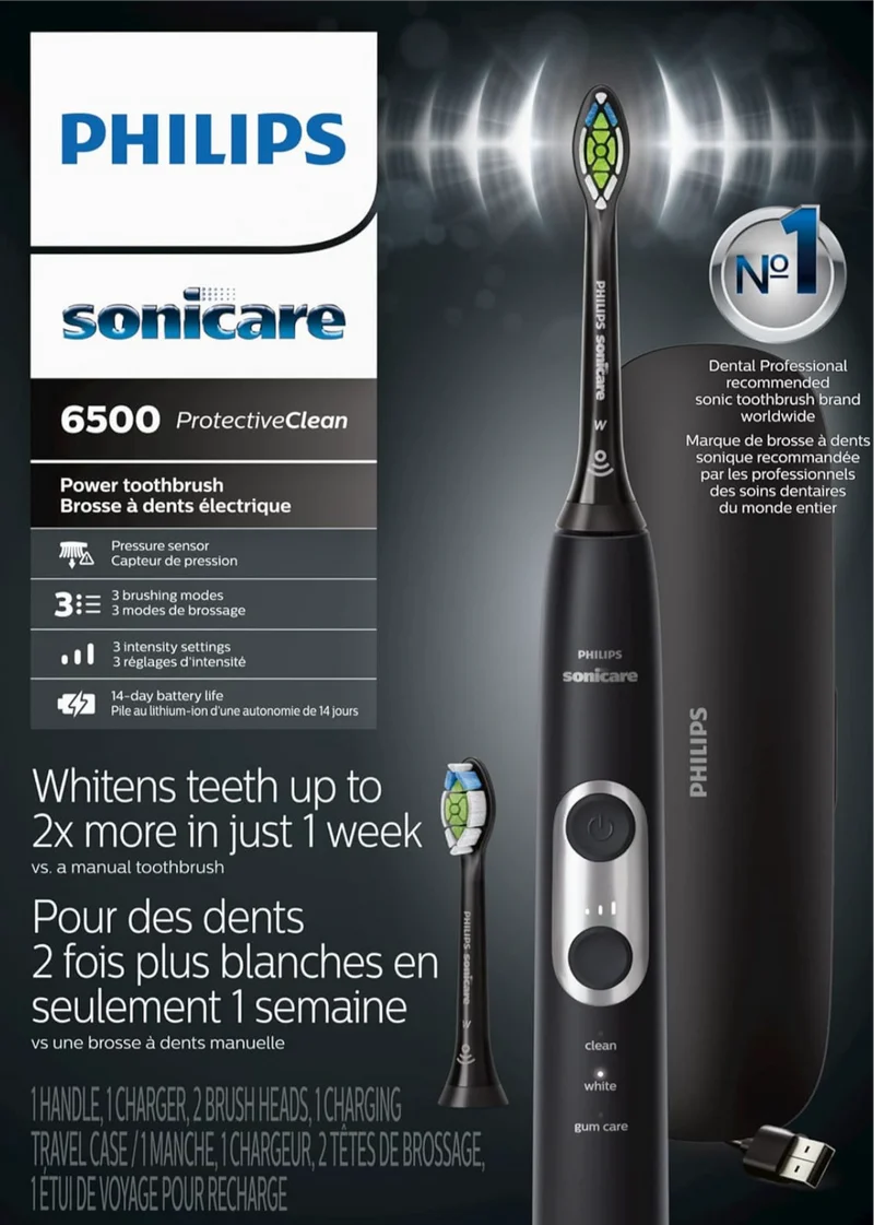 Philips Sonicare ProtectiveClean 6500 Rechargeable Electric Toothbrush, with Pressure Sensor, 3 Cleaning Modes, SmarTimer and QuadPacer Charging Travel Case - Black (HX6462/08)