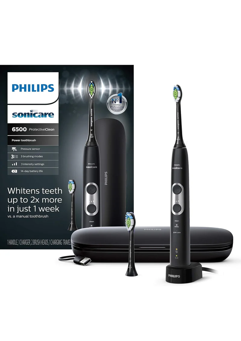 Philips Sonicare ProtectiveClean 6500 Rechargeable Electric Toothbrush, with Pressure Sensor, 3 Cleaning Modes, SmarTimer and QuadPacer Charging Travel Case - Black (HX6462/08)