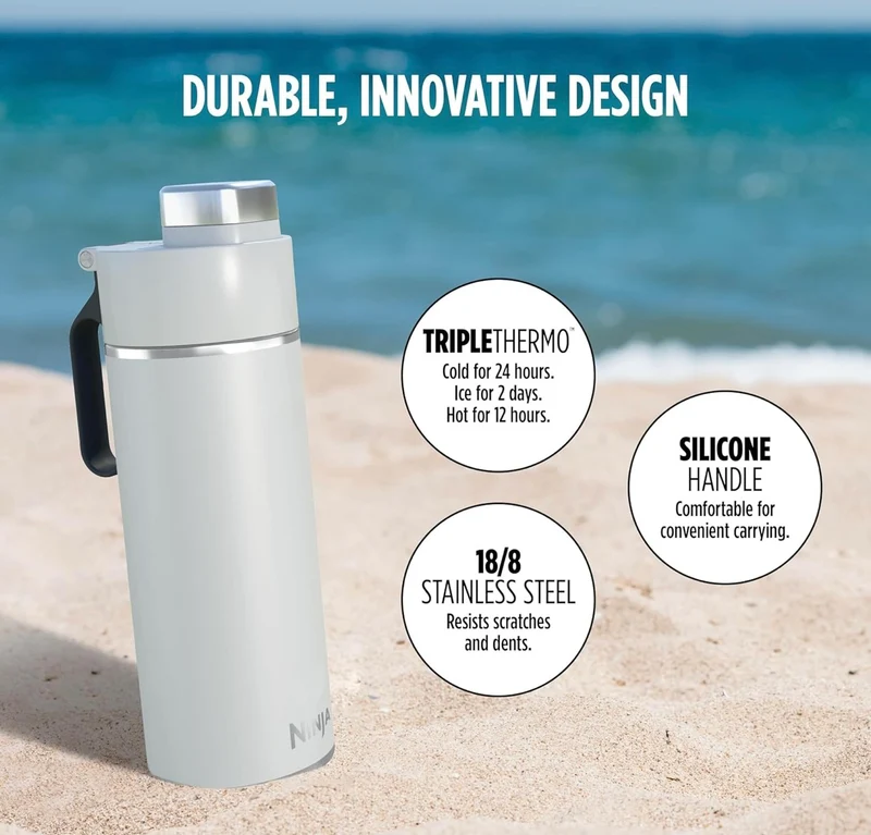 Ninja DW2401WH Thirsti 24oz Travel Water Bottle Leak Proof, 24 Hrs Cold, Dishwasher Safe, Stainless Steel Insulated Tumbler - Cloud White