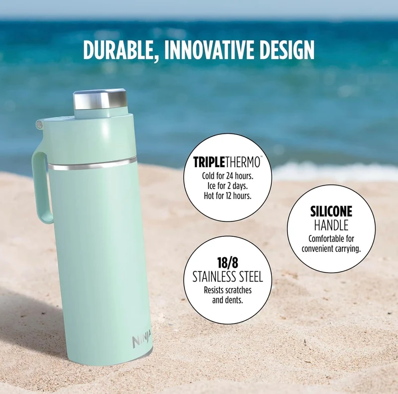 Ninja DW2401MT Thirsti 24oz Travel Water Bottle Leak Proof, 24 Hrs Cold, Dishwasher Safe, Stainless Steel Insulated Tumbler, Seafoam Blue