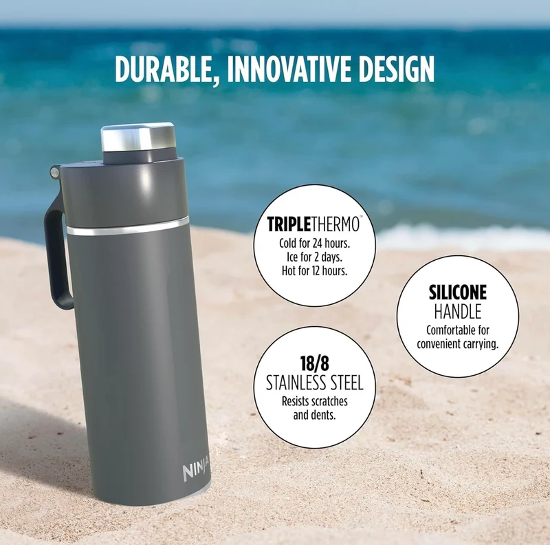 Ninja DW2401GY Thirsti 24oz Travel Water Bottle Leak Proof, 24 Hrs Cold, Dishwasher Safe, Stainless Steel Insulated Tumbler - Charcoal Gray