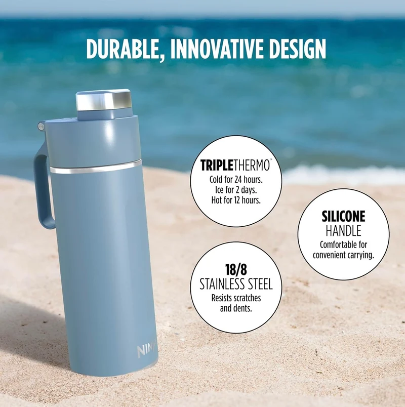 Ninja DW2401BL Thirsti 24oz Travel Water Bottle Leak Proof, 24 Hrs Cold, Dishwasher Safe, Stainless Steel Insulated Tumbler - Storm Blue