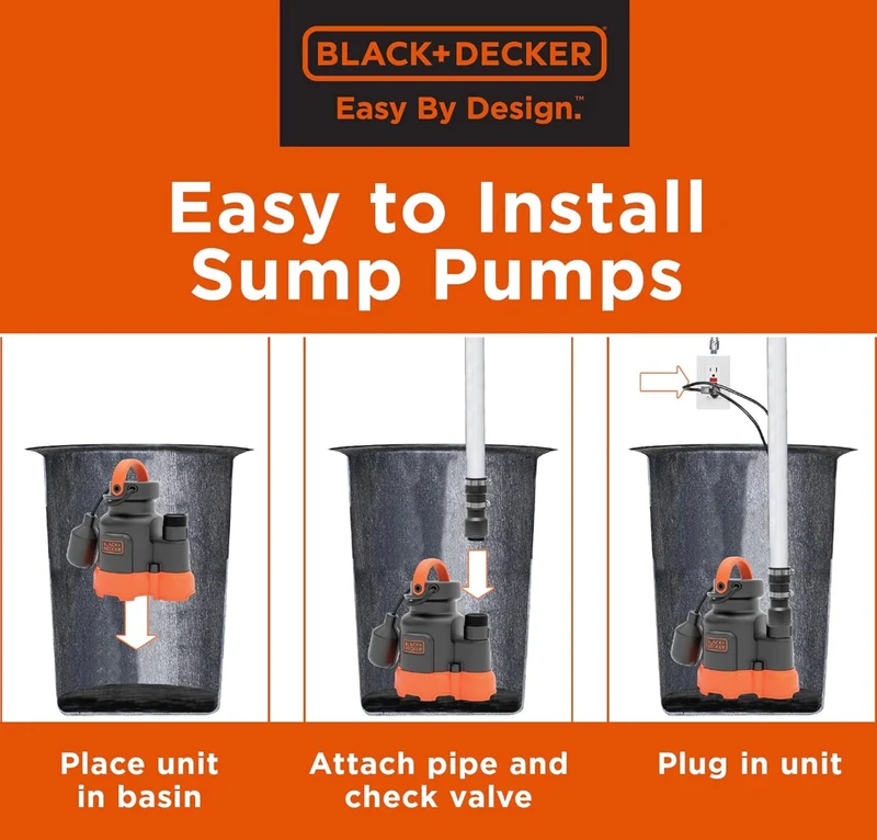Black+Decker 1/3 HP Submersible Sump Pump, Pumps up to 2500 GPH