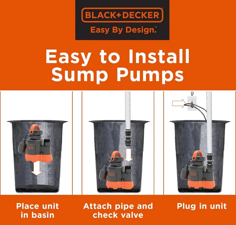 Black+Decker 1/4 HP Submersible Sump Pump, Pumps up to 2300 GPH