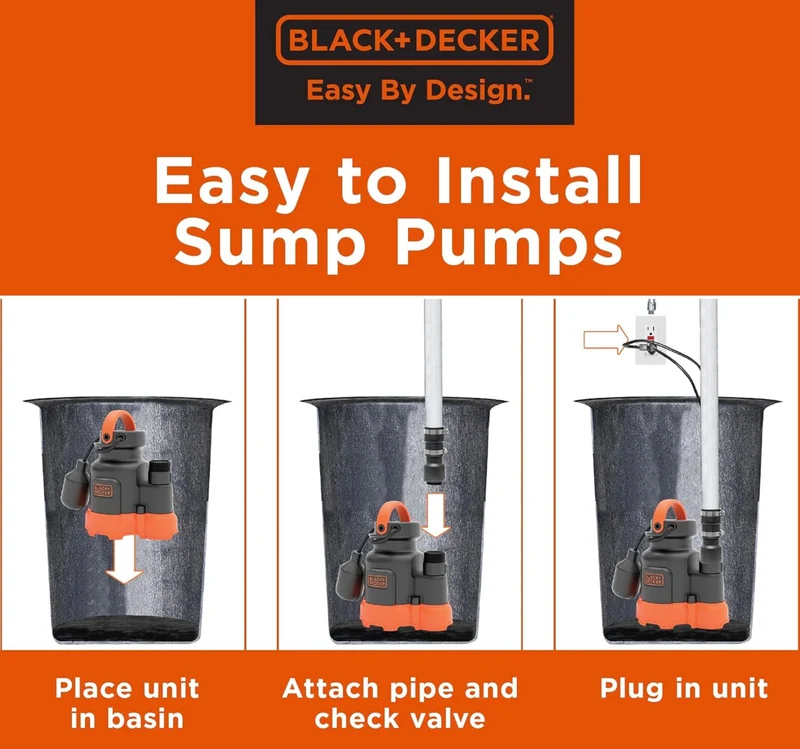 Black+Decker 1/3 HP Submersible Sump Pump, Pumps up to 2500 GPH