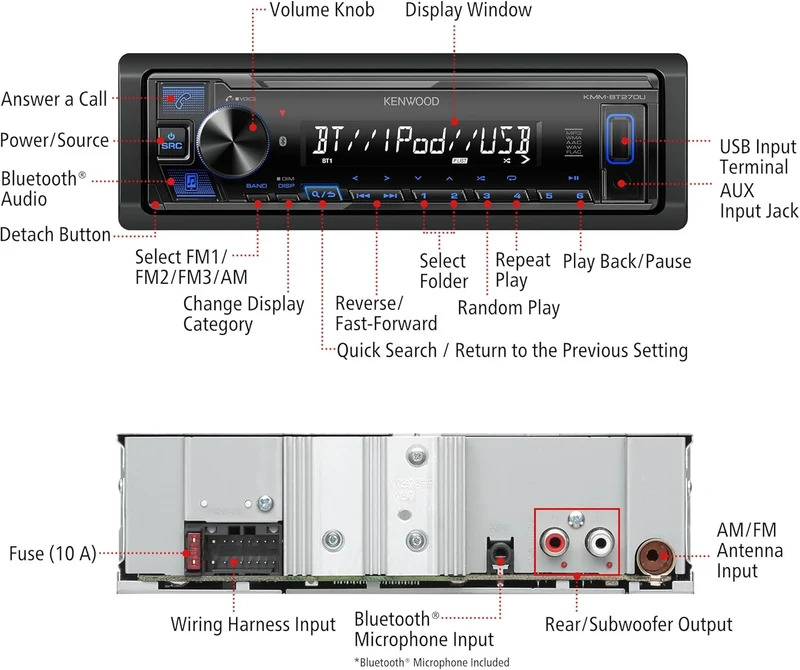 KENWOOD KMM-BT270U Bluetooth Digital Media Car Stereo Receiver with USB Port – AM/FM Radio, MP3 Player, High Contrast LCD, Detachable Face Plate, Single DIN, 13-Band EQ