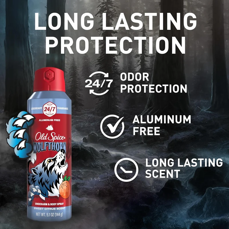 Old Spice Aluminum Free Body Spray for Men, 24/7 Odor Protection, Cologne Quality - Wolfthorn w/ Sweet Citrus Scent (Pack of 3)