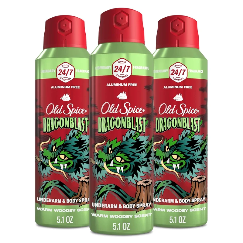 Old Spice Aluminum Free Body Spray for Men, 24/7 Odor Protection, Cologne Quality Scent - Dragonblast w/ Warm Woodsy Scent (Pack of 3)