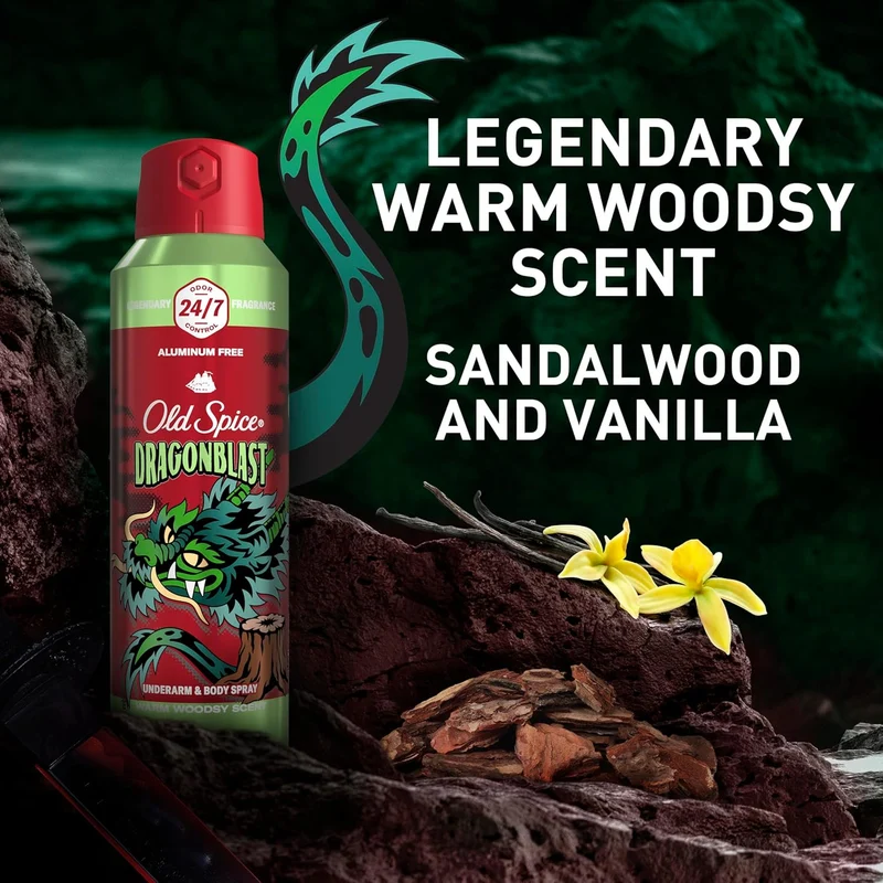 Old Spice Aluminum Free Body Spray for Men, 24/7 Odor Protection, Cologne Quality Scent - Dragonblast w/ Warm Woodsy Scent (Pack of 3)