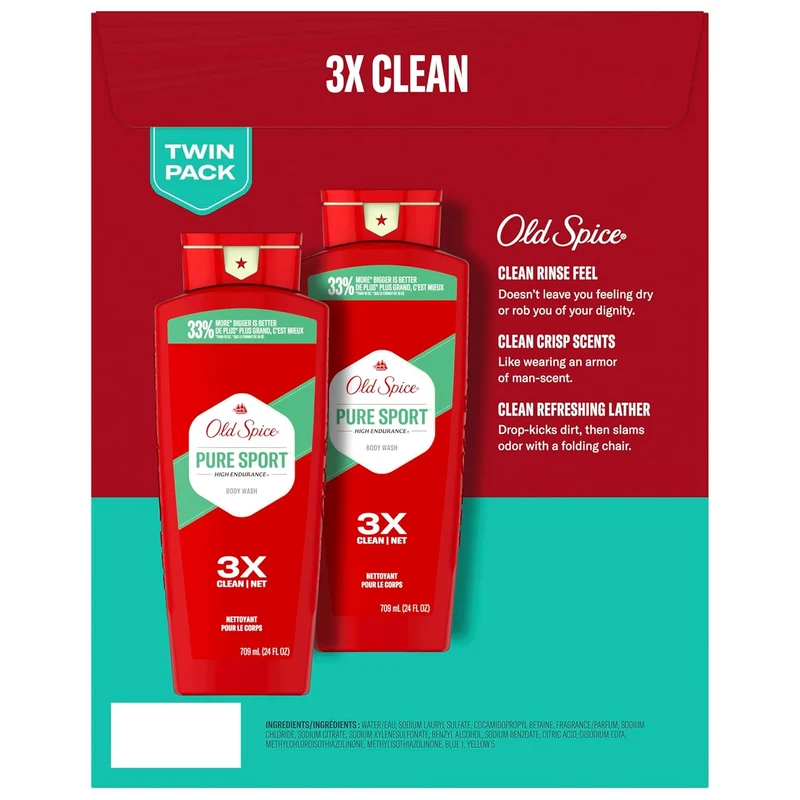 Old Spice Refreshing Body Wash for Men, High Endurance, 3X Defense, 24/7 Shower Fresh - Pure Sport Scent (Pack of 2)