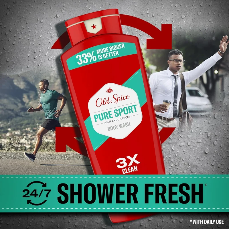 Old Spice Refreshing Body Wash for Men, High Endurance, 3X Defense, 24/7 Shower Fresh - Pure Sport Scent (Pack of 2)