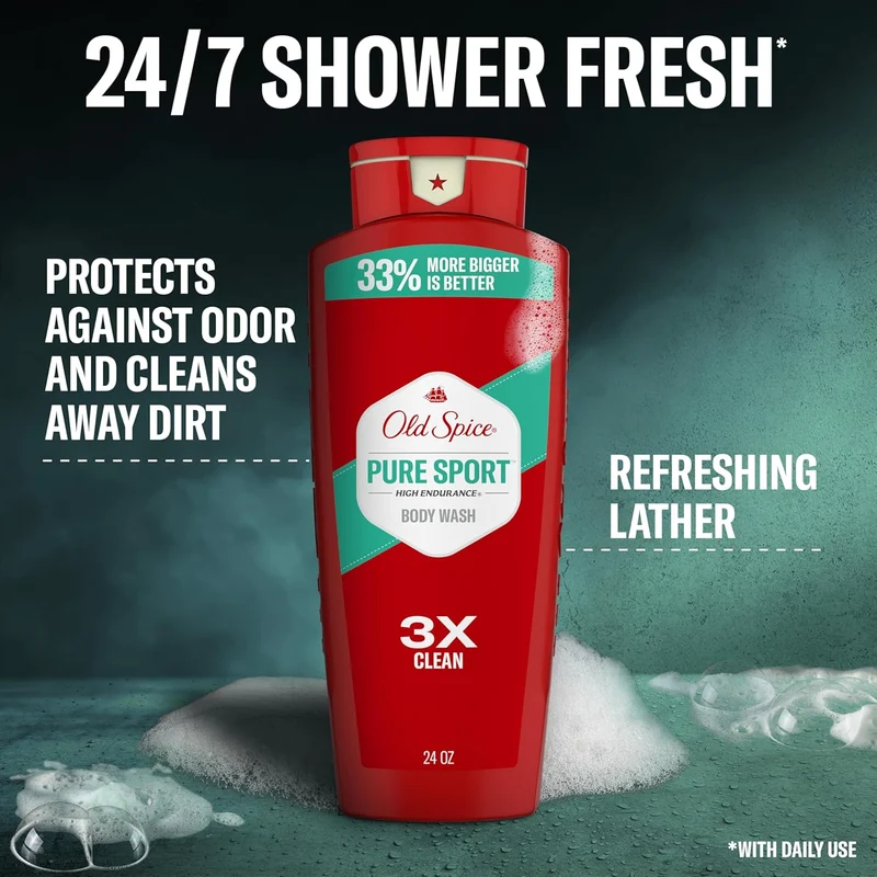 Old Spice Refreshing Body Wash for Men, High Endurance, 3X Defense, 24/7 Shower Fresh - Pure Sport Scent (Pack of 2)